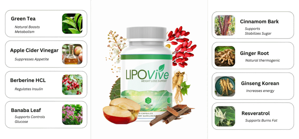 Table or list with the ingredients of the natural LipoNatural Health supplement. The text details the components of the product's formula.
